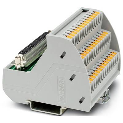 Un adaptateur de bloc de bornes gris avec plusieurs points de connexion, un design angulé, et un port connecteur DB25 sur le dessus ; utilisé pour le câblage industriel.