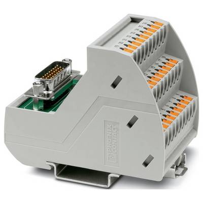 Un bloc de bornes Phoenix Contact gris avec plusieurs points de connexion et un connecteur DB monté, utilisé pour les applications de câblage industriel.