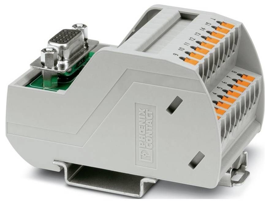 Bloc de bornes « Phoenix Contact » avec plusieurs points de connexion de fils et un port de connecteur, conçu pour les applications d'automatisation industrielle.