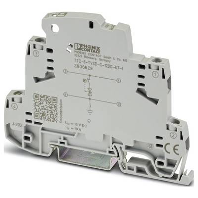 Module de protection contre les surtensions 'Phoenix Contact TTC-6-TSD-C-12DC-UT-1', avec des spécifications de tension étiquetées et un code QR pour l'accès aux données.