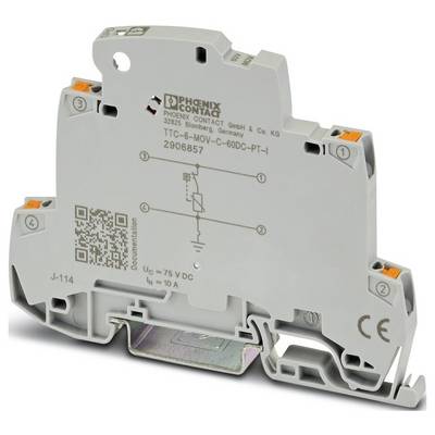 Un dispositif compact de protection contre les surtensions Phoenix Contact avec le modèle « TTC-6-MOV-C-600-PT-I », évalué à 75V CC, montrant les points de connexion.