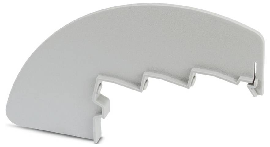 Une pièce en plastique gris clair, courbe, segmentée avec des encoches, possiblement un composant ou une partie d'un objet plus grand.