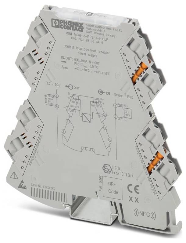 Répéteur Phoenix Contact pour le traitement des signaux, avec entrées, sorties et connexions de bornes étiquetées pour usage industriel.