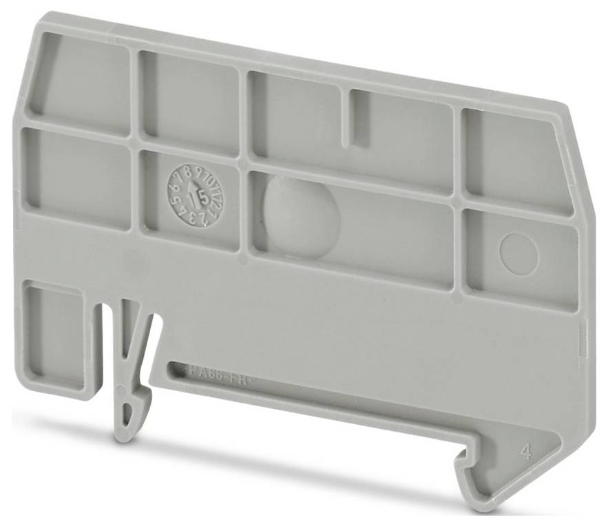 Une plaque de séparation en plastique gris avec plusieurs fentes et une gravure circulaire est présentée. Elle est utilisée pour l'organisation et la séparation des panneaux électriques.