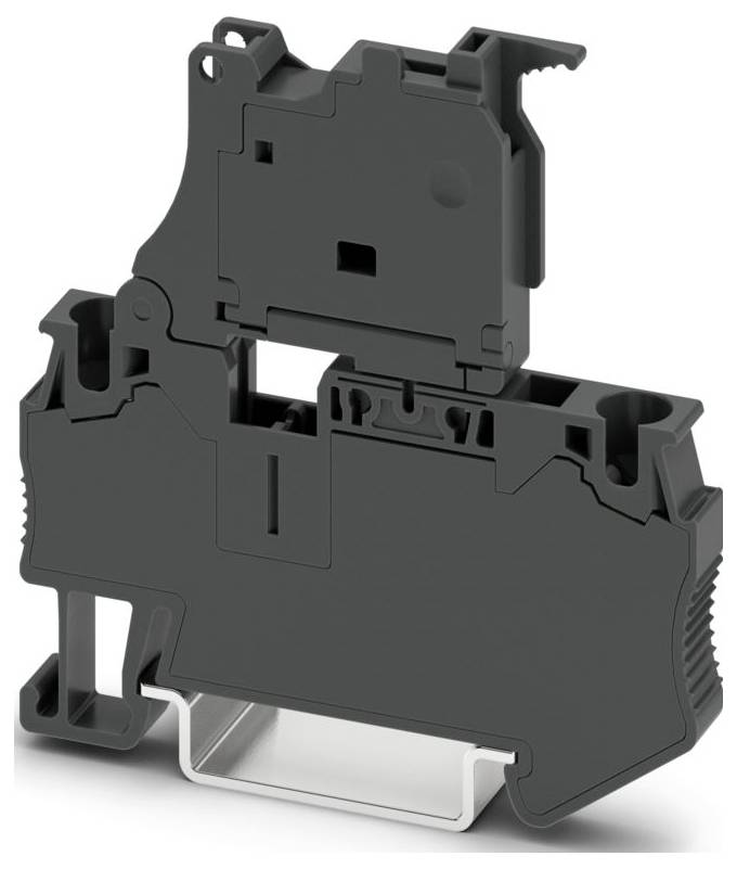 Gros plan d'un connecteur industriel rectangulaire gris avec plusieurs ports circulaires disposés en rangées, utilisé pour les connexions électriques.