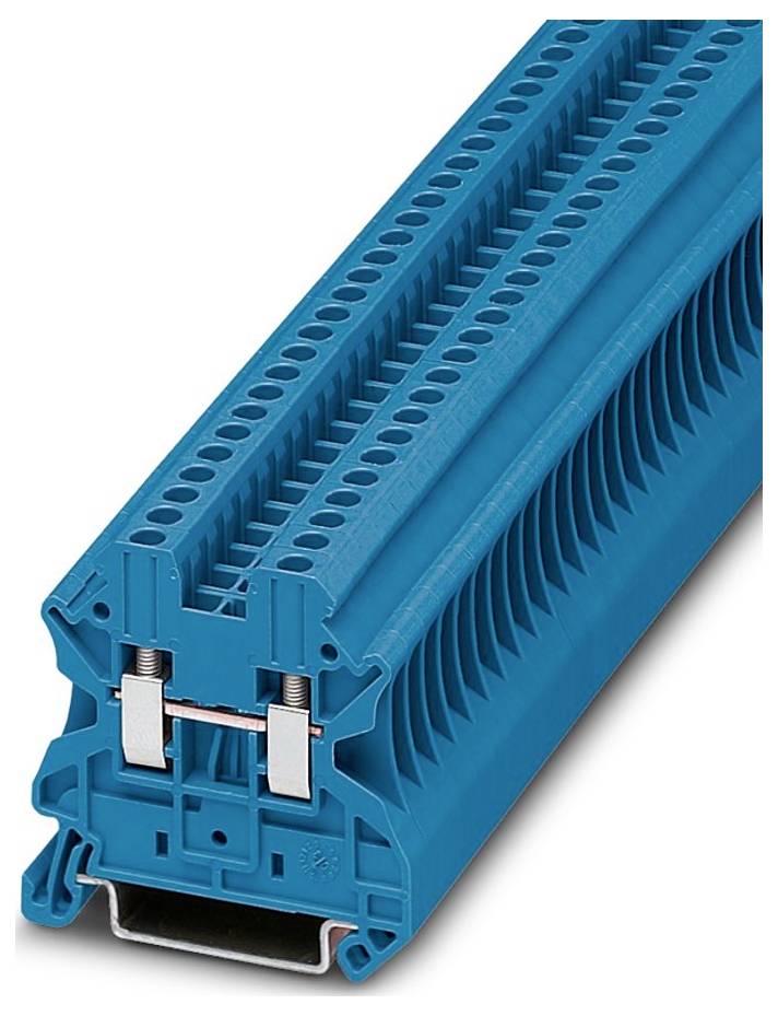 Un bloc de bornes électriques bleu avec plusieurs points de connexion, utilisé pour fixer et organiser les fils dans les circuits électriques.
