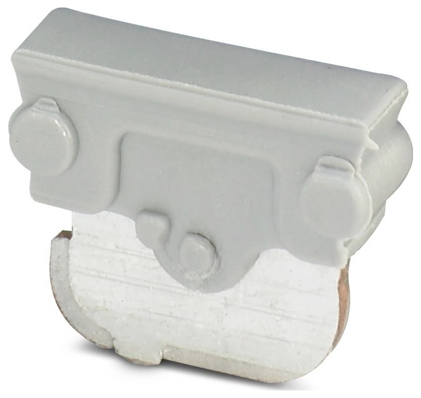 Un petit composant en plastique blanc et métallisé, possiblement une partie d'un appareil électrique ou d'un dispositif mécanique, avec deux connecteurs qui dépassent.
