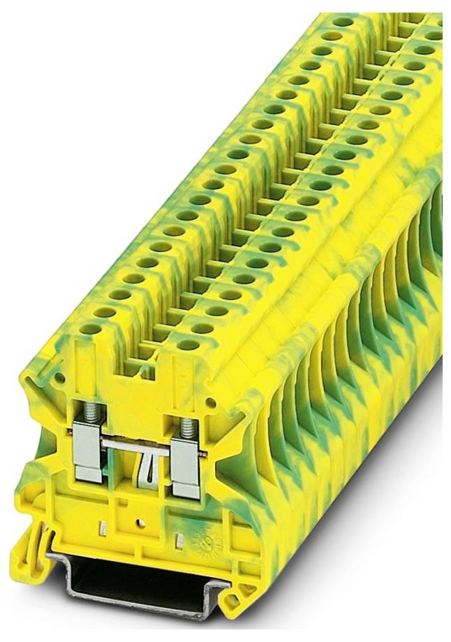 Une rangée de blocs de bornes verts et jaunes connectés utilisés pour les connexions électriques, dotés de multiples ports et de pinces en métal conducteur.