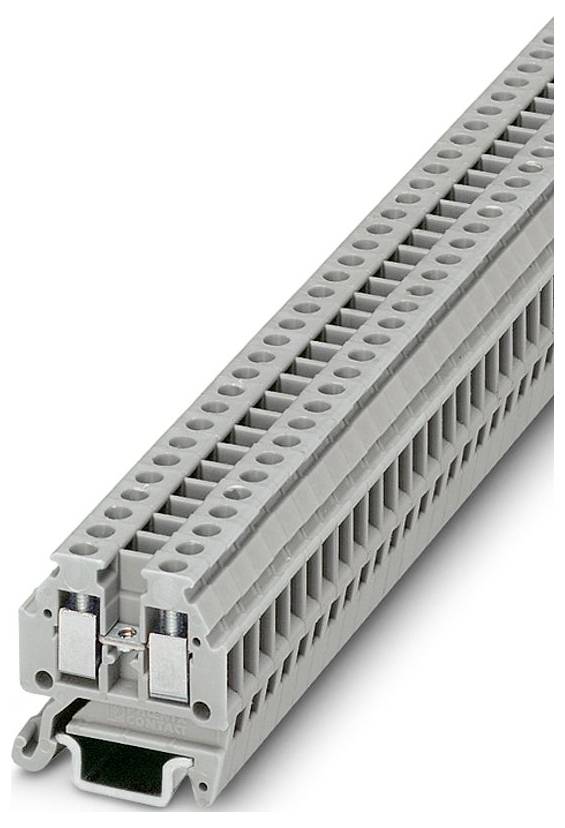 Un bloc de bornes multi-étages gris pour câblage électrique, doté de rangées de points de connexion avec des surfaces de contact métalliques.