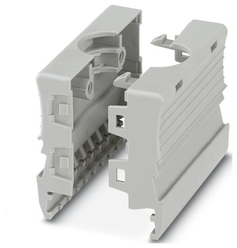 Un boîtier de rail DIN en plastique gris avec deux parties s'emboîtant l'une dans l'autre, présenté séparé, révélant les caractéristiques internes. Utilisé pour loger les composants électroniques.