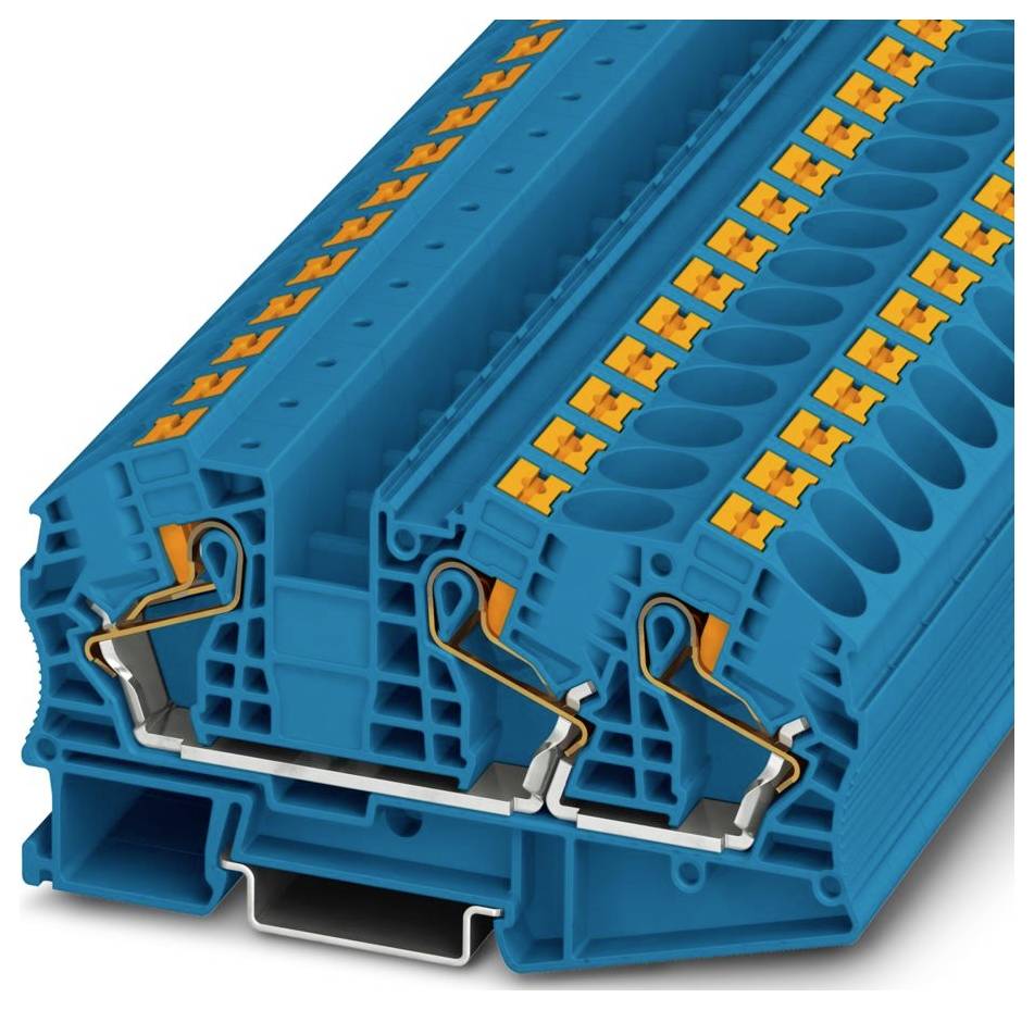 Un bloc de bornes électriques de couleur bleue avec des leviers de dégagement orange et plusieurs points de connexion, conçu pour fixer les fils électriques.