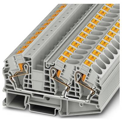 Gros plan d'un bloc de bornes gris et orange utilisé dans les installations électriques, montrant plusieurs points de connexion et fentes pour câbles.