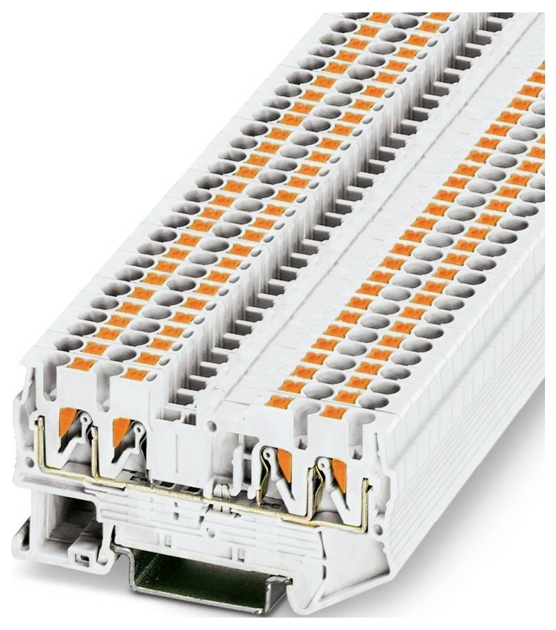 Pile de blocs de bornes blancs avec leviers orange, conçus pour les connexions électriques, comportant plusieurs points de connexion.