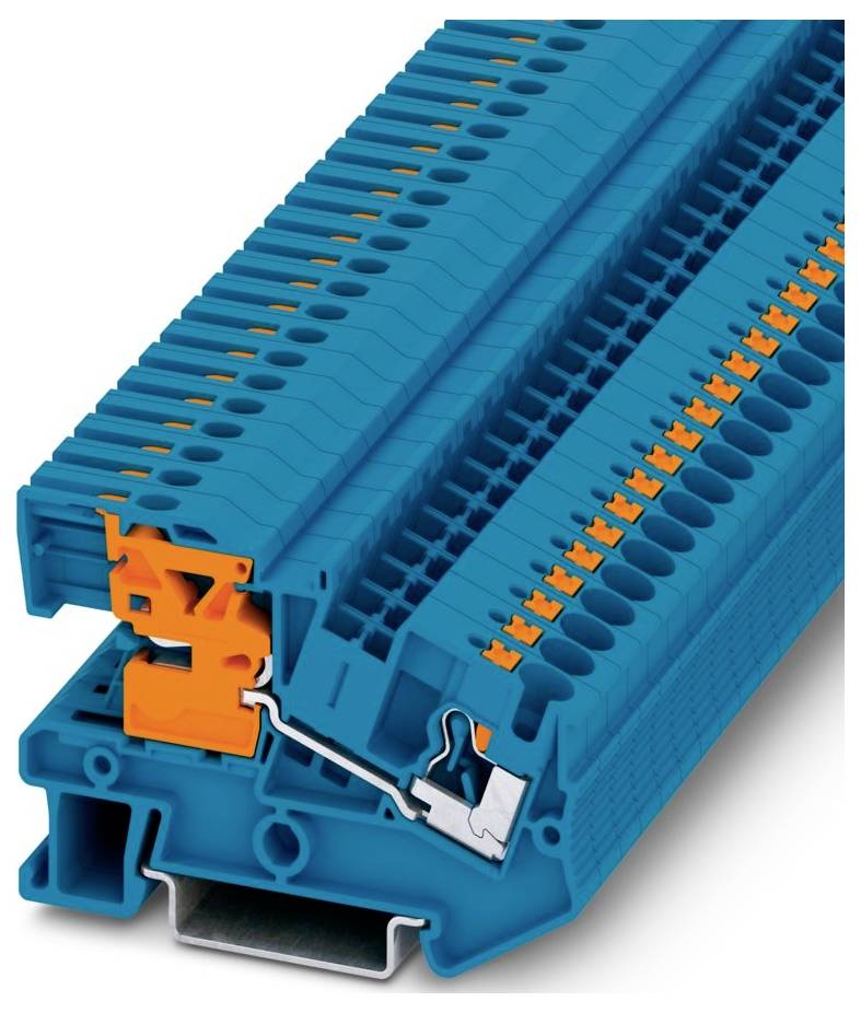 Un bloc de bornes électriques bleu avec un levier orange pour une connexion sécurisée des fils, utilisé dans les installations électriques et les systèmes de commande.