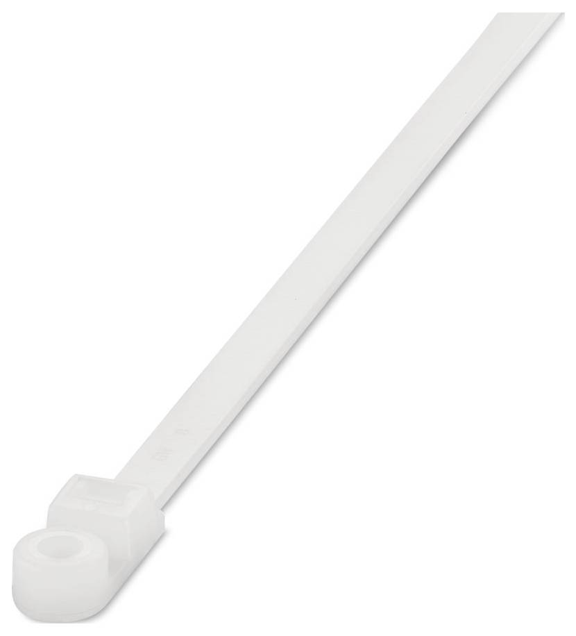 Un serre-câble blanc avec un mécanisme de verrouillage à cliquet, utilisé pour sécuriser ou regrouper des articles ensemble.