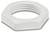 Un écrou hexagonal blanc en plastique avec un intérieur fileté, conçu pour l'assemblage ou la fixation.