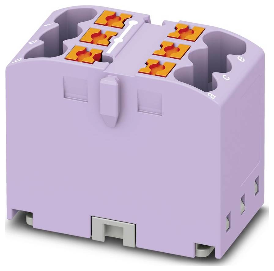 Un bloc de connecteur électronique violet avec plusieurs bornes orange, conçu pour fixer les fils dans les installations électriques.