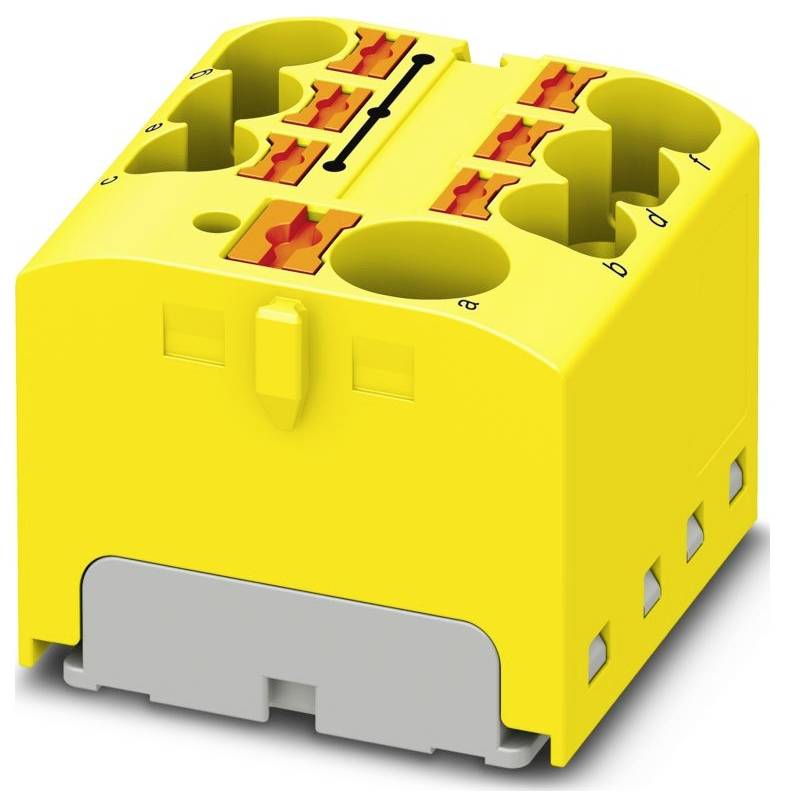 Un bloc de connecteur électrique jaune avec des fentes étiquetées (a, b, c, d), équipé de mécanismes de levier rouges pour sécuriser les fils.