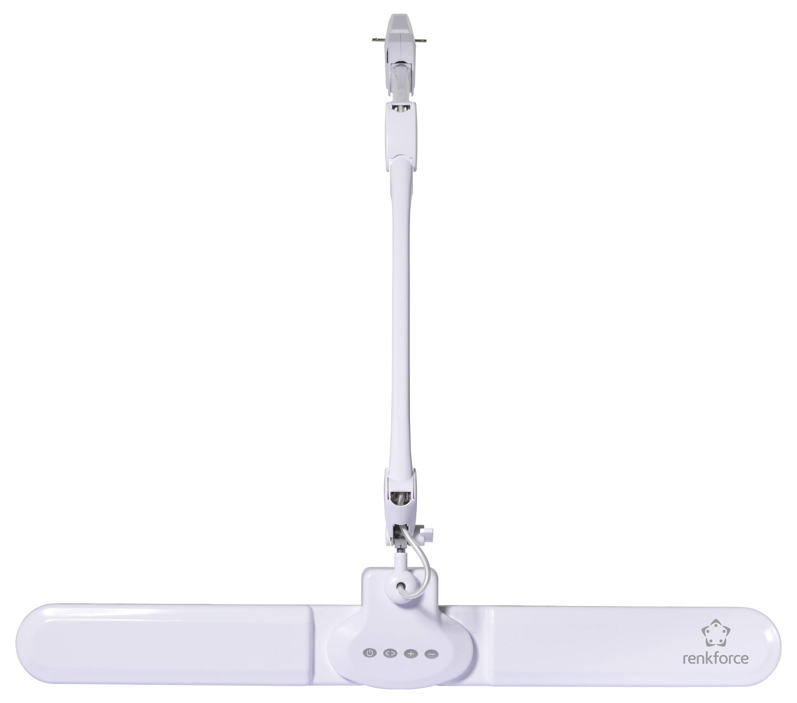 Ventilateur de plafond Renkforce blanc pour usage résidentiel ou professionnel, doté de trois pales et d'un moyeu rotatif central pour la circulation de l'air.
