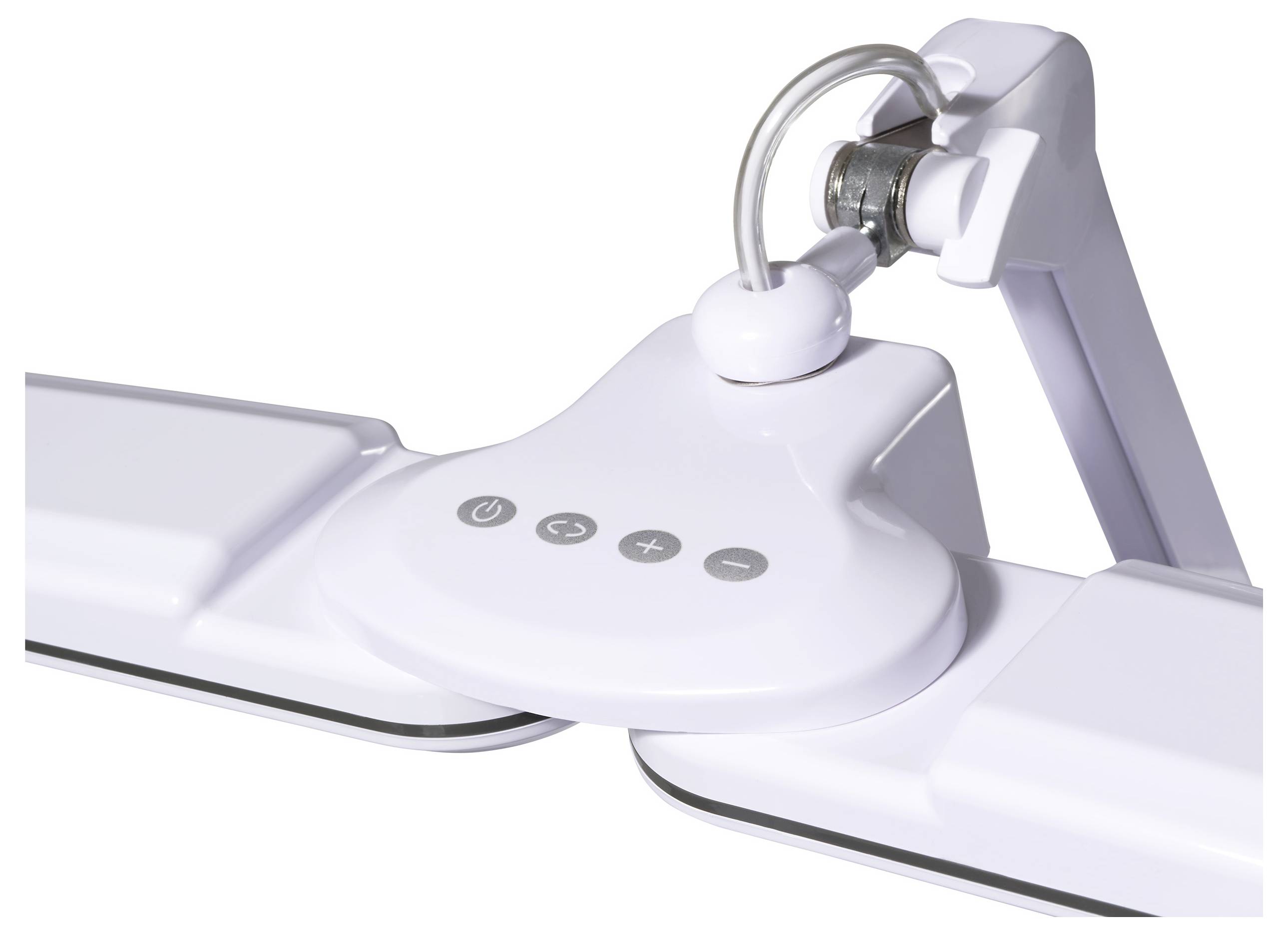 Gros plan d'une lampe de bureau blanche avec un panneau de commande équipé de boutons d'alimentation et de luminosité. La lampe possède un design moderne et épuré.
