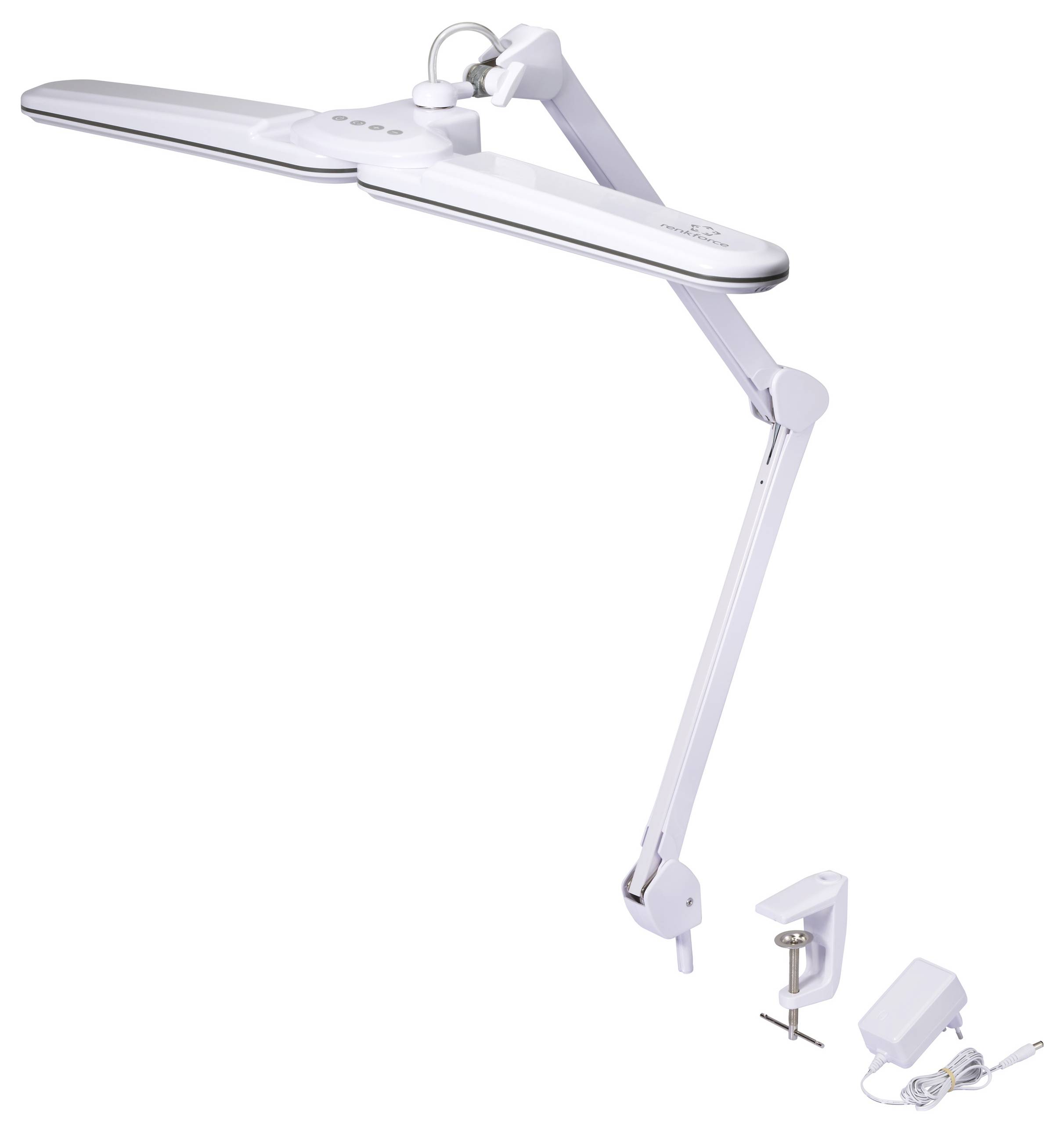 Lampe de bureau LED ajustable avec bras allongé, pince de fixation pour table, et cordon d'alimentation intégré, adaptée à l'éclairage de travail.