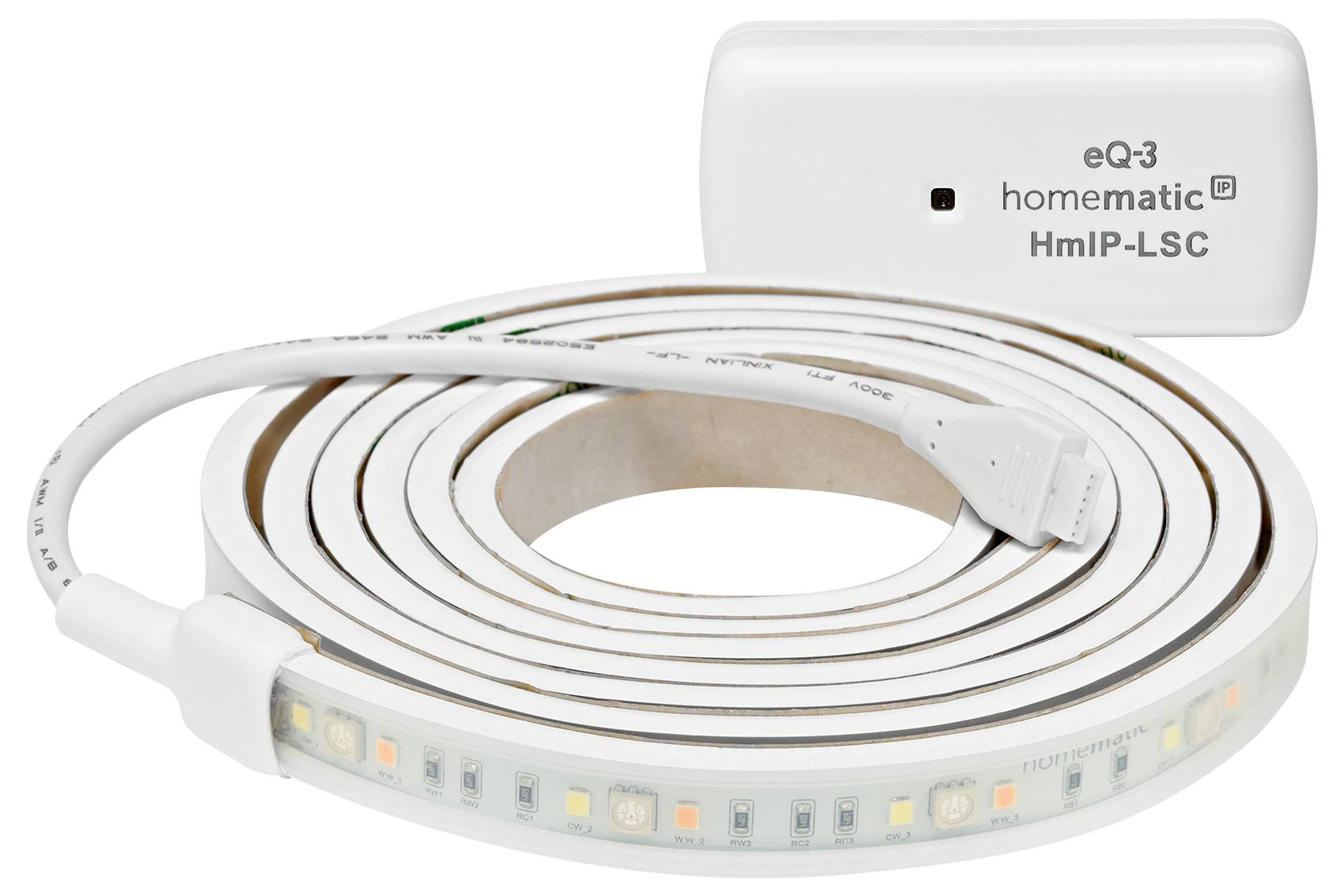 Bande lumineuse LED intelligente avec unité de télécommande pour domotique, étiquetée « eQ-3 Homematic IP HmIP-LSC ».