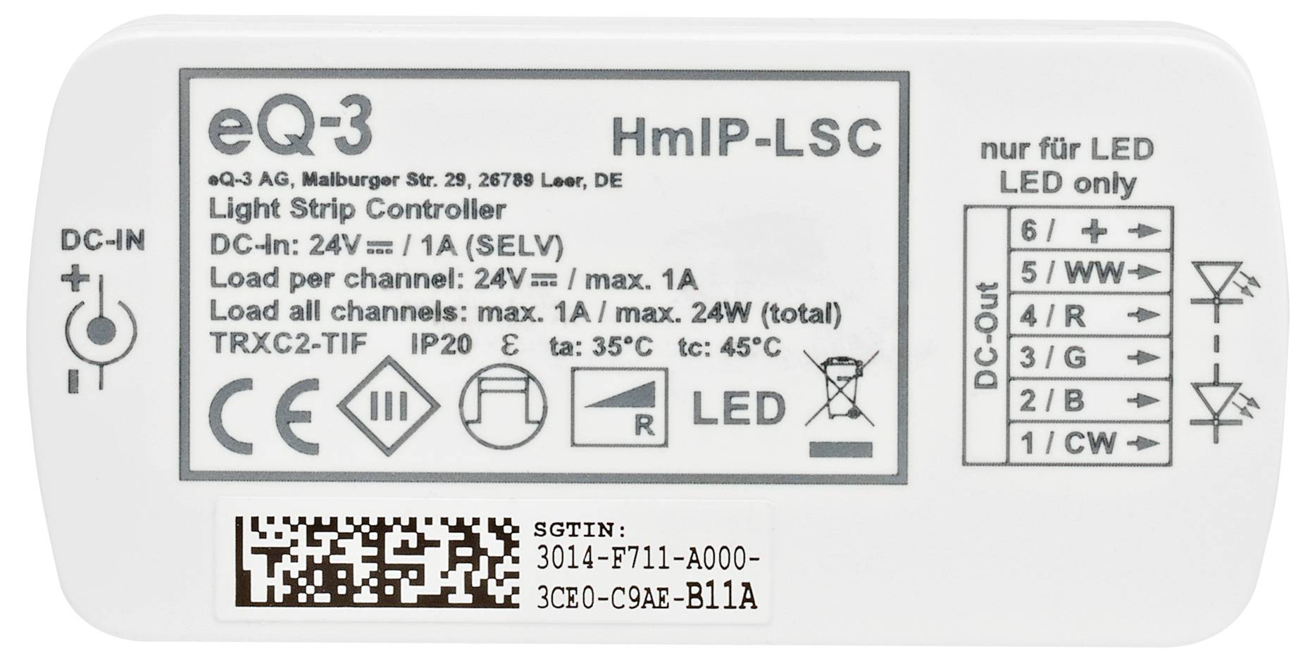 Contrôleur de bande lumineuse eQ-3 HmIP-LSC présentant les détails de la puissance d'entrée, la charge par canal et la plage de température TRX. Comprend un schéma de câblage.
