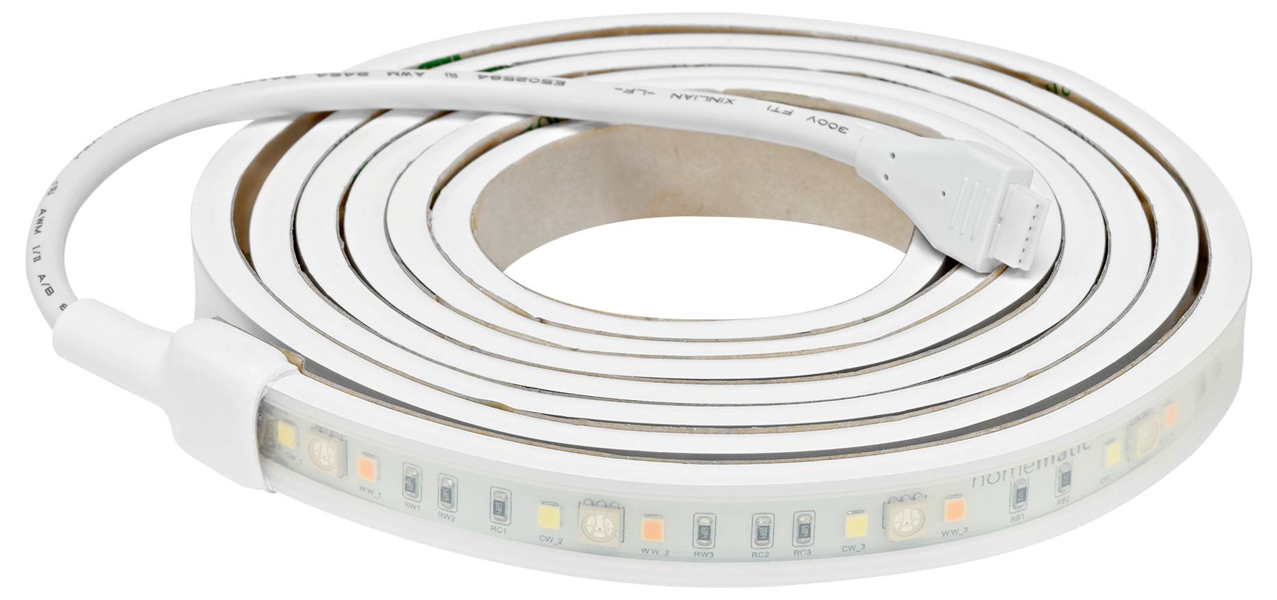 Une bande lumineuse à LED blanche enroulée, avec de multiples petites ampoules LED colorées intégrées le long de sa longueur, reliée à un câble connecteur blanc.