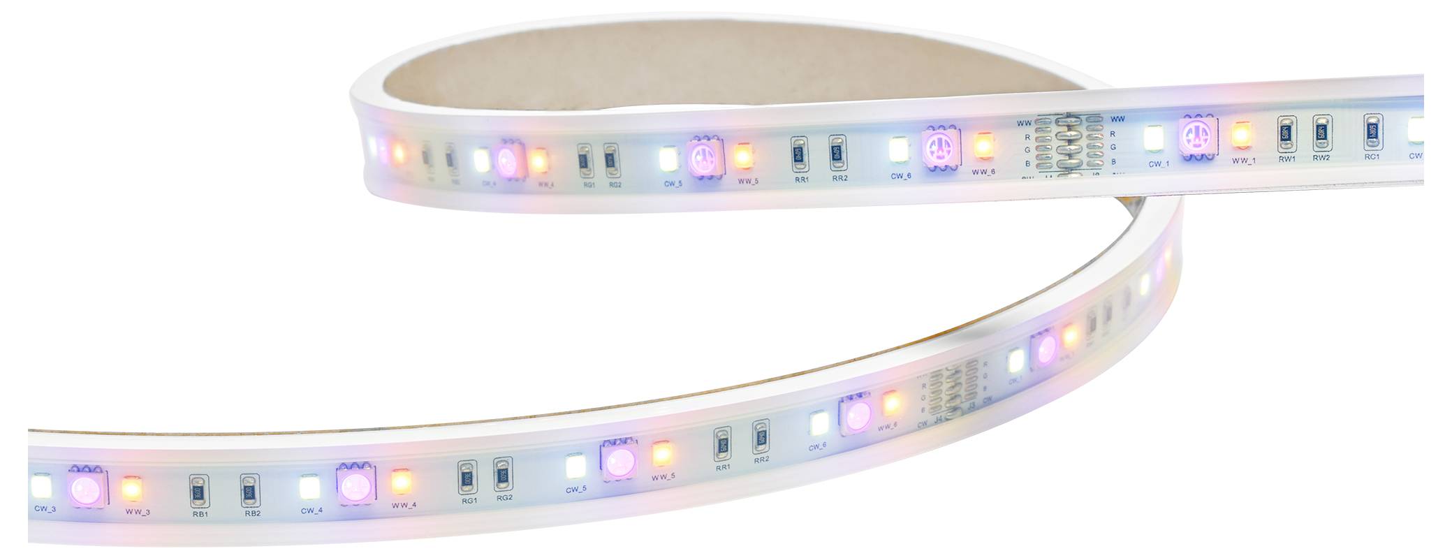 Une bande lumineuse LED flexible avec des LED multicolores, représentée enroulée, adaptée aux applications d'éclairage décoratif ou d'ambiance.