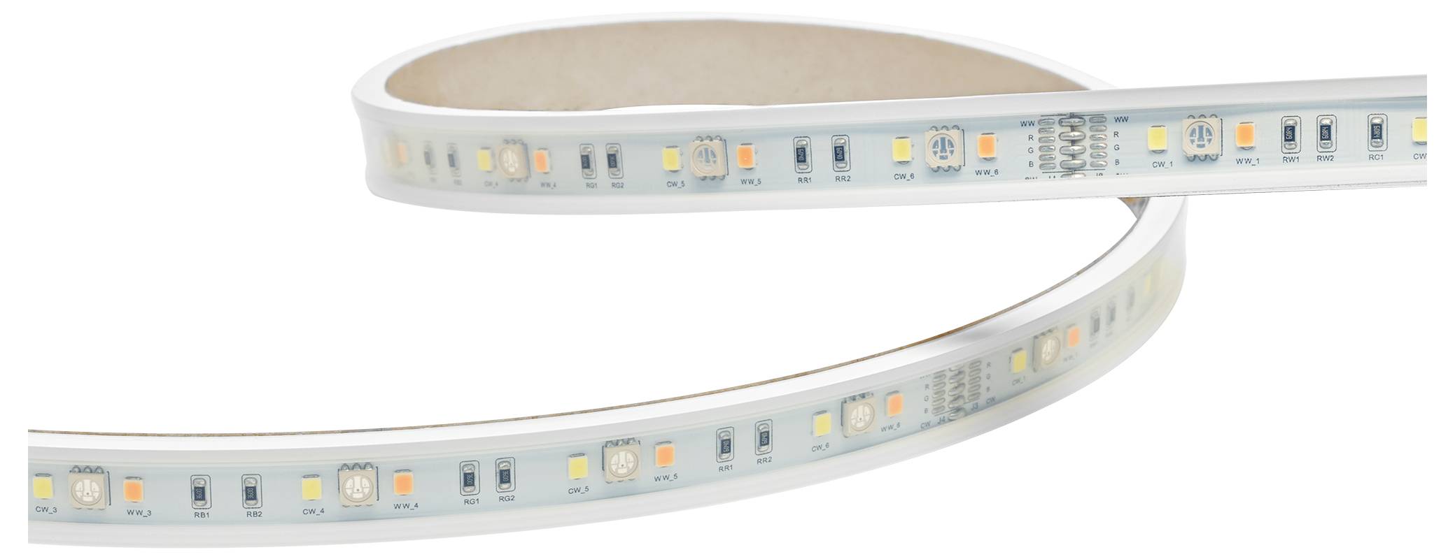 Une bande lumineuse LED flexible dotée de multiples petites LED disposées uniformément et changeant de couleur, adaptée à l'éclairage décoratif et d'ambiance.