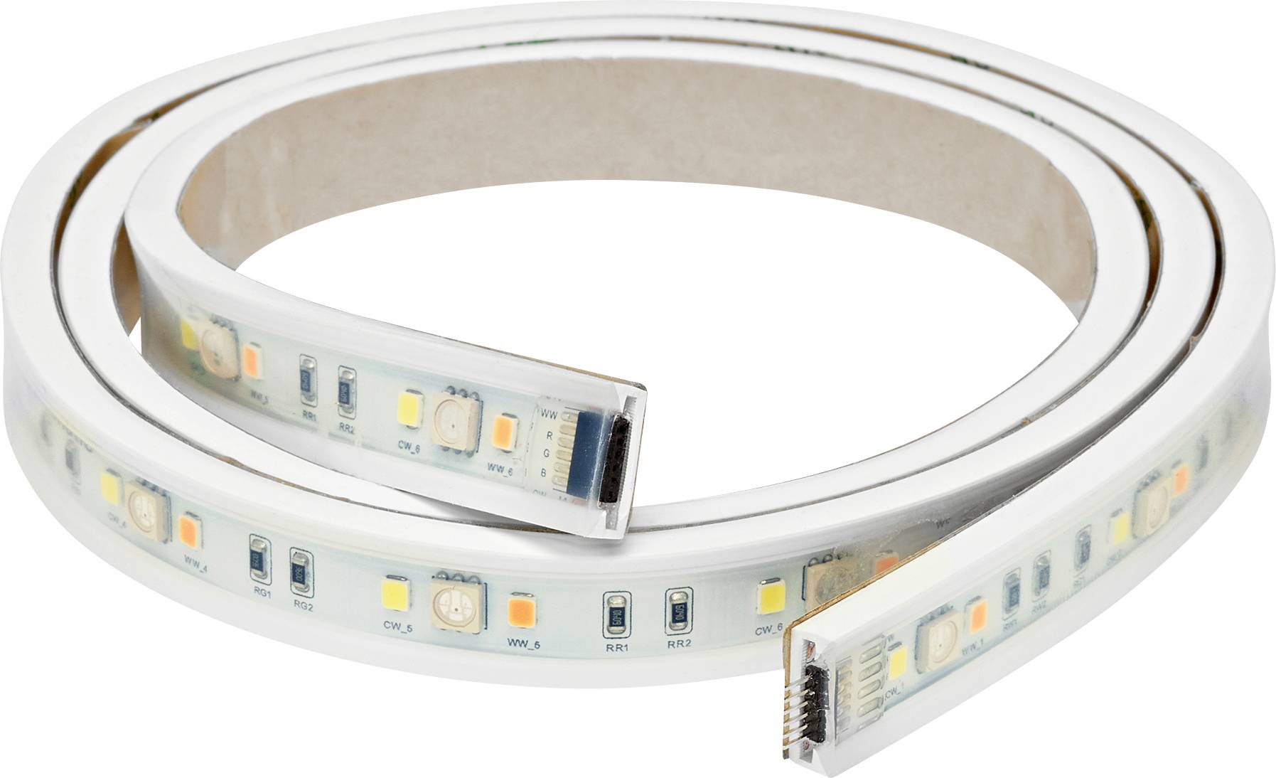 «Une bande lumineuse LED enroulée avec divers diodes colorées et connecteurs visibles, utilisée pour des solutions d'éclairage personnalisables.»