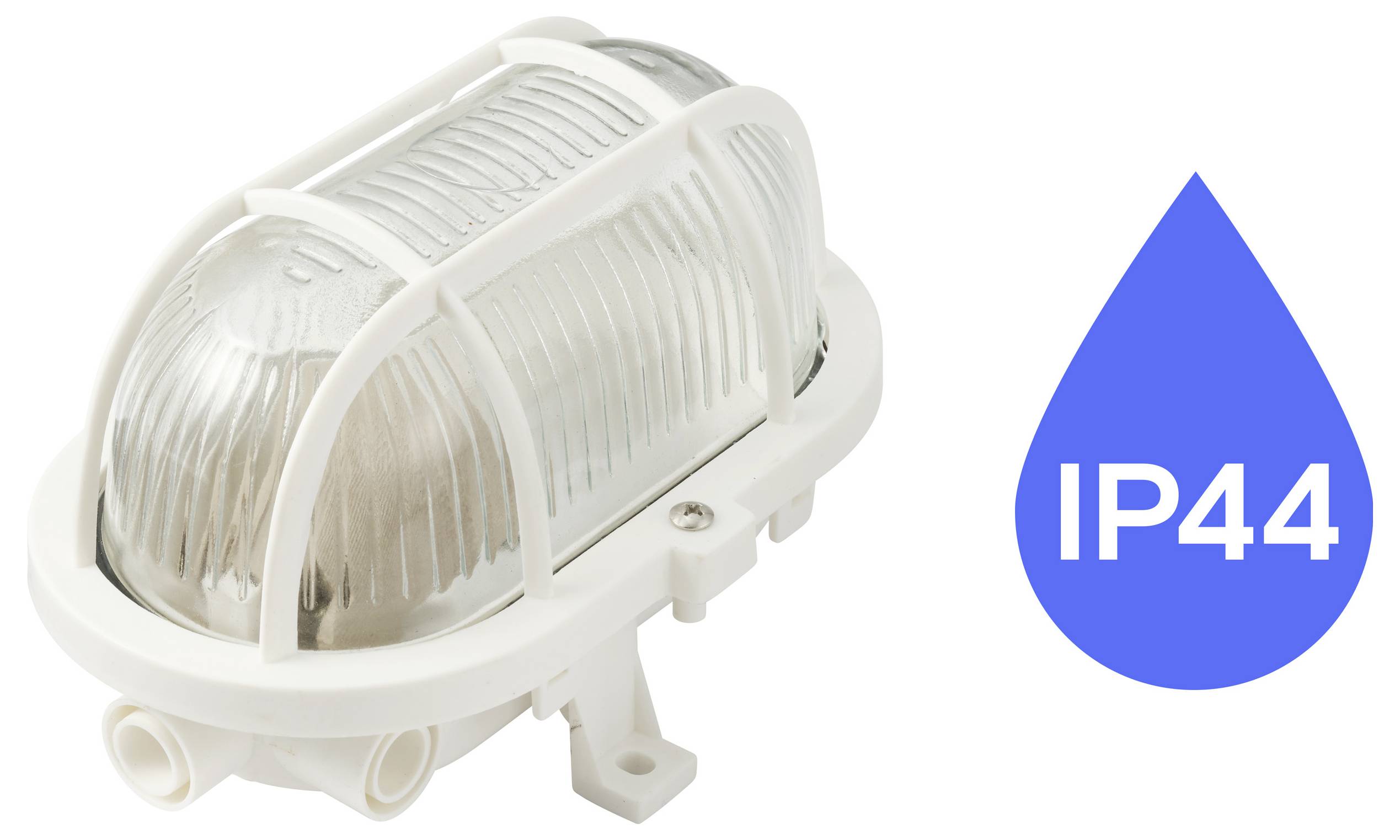 Luminaire d'étanchéité rectangulaire blanc avec symbole de goutte d'eau bleue étiqueté « IP44 » indiquant la résistance à l'eau.