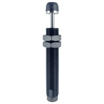 Un amortisseur de choc industriel métallique avec un corps cylindrique nervuré, équipé d'un écrou réglable près de la section médiane et d'une tige de piston visible.