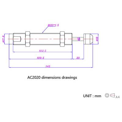 "Dessins de dimensions AC2020" montrant un composant mécanique avec des dimensions marquées : M20*1, longueur 145mm, corps 109,5mm, diamètre 17,8mm.
