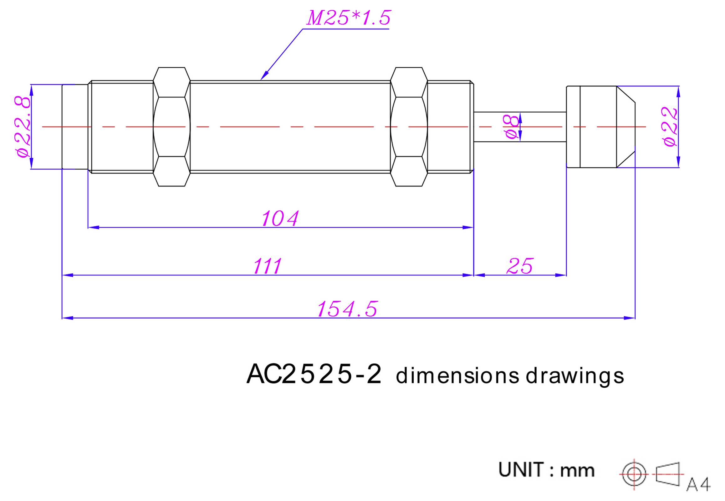 « AC2525-2 dessins de dimensions » montre les dimensions techniques d'un objet cylindrique avec de multiples mesures en millimètres, mettant en évidence les longueurs clés et les diamètres.