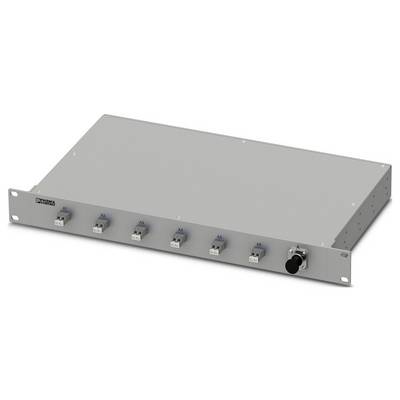 Un commutateur réseau rectangulaire gris avec de multiples ports et un connecteur sur le panneau avant, conçu pour un montage en rack.