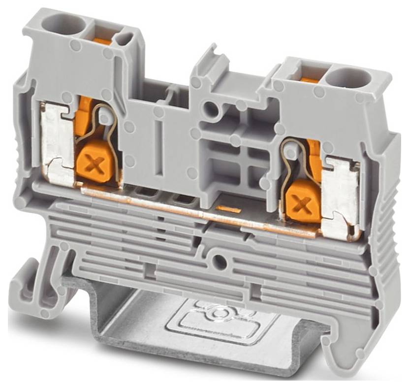 Un gros plan d'un bloc de bornes électriques gris et orange, montrant ses connexions internes et sa structure pour sécuriser les fils.