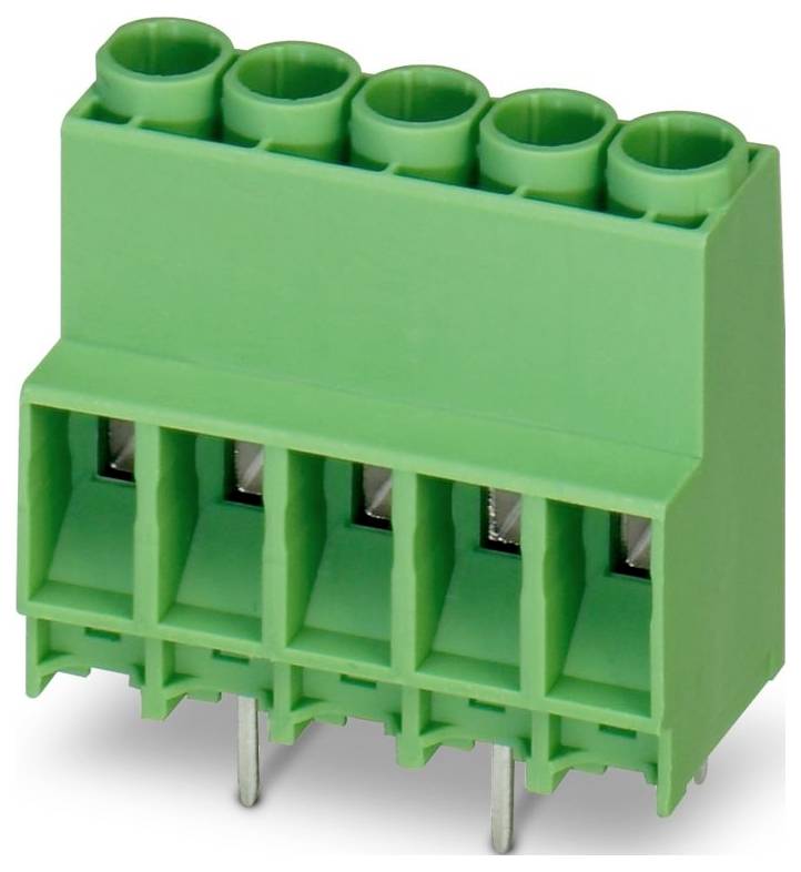 Connecteur électrique, vert, avec cinq emplacements de fil et broches métalliques pour les connexions de carte de circuit imprimé. Adapté à divers projets électroniques.