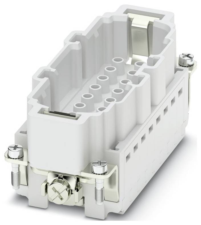 Un connecteur industriel gris avec plusieurs emplacements de broches, des pinces métalliques et des vis, utilisé pour les connexions électriques dans les machines.
