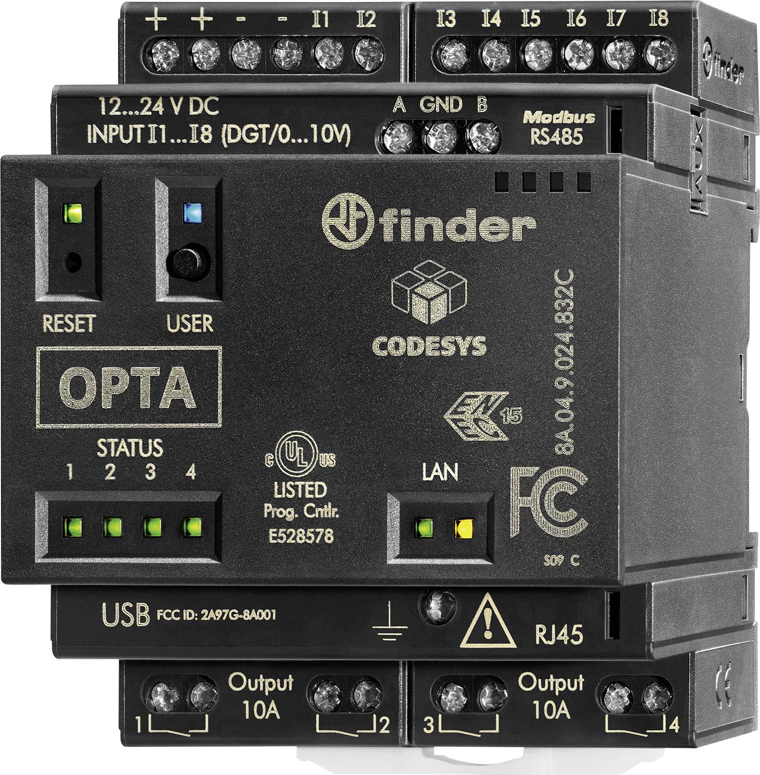 Module de contrôle 'Finder OPTA' avec voyants DEL de statut, ports USB, RJ45, Modbus RS485 et entrées étiquetées pour 12-24V DC.