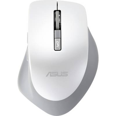 Une souris d'ordinateur blanche et grise avec une molette de défilement, dotée d'un bouton DPI sur le dessus, portant la marque 'ASUS' près du bas.