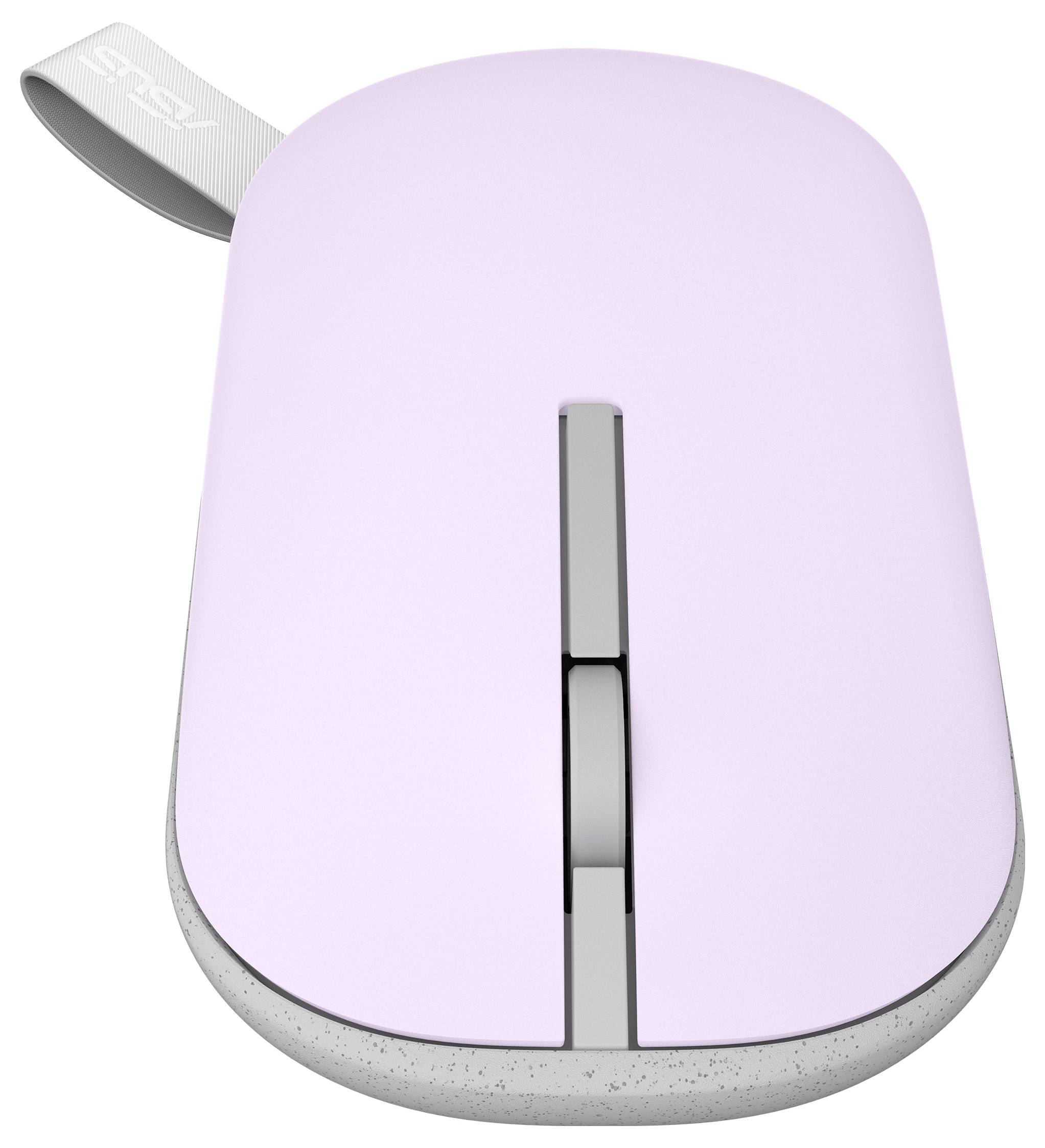 Une souris d'ordinateur sans fil rose, dotée d'une molette de défilement et d'une boucle en tissu, présentant un design minimaliste.