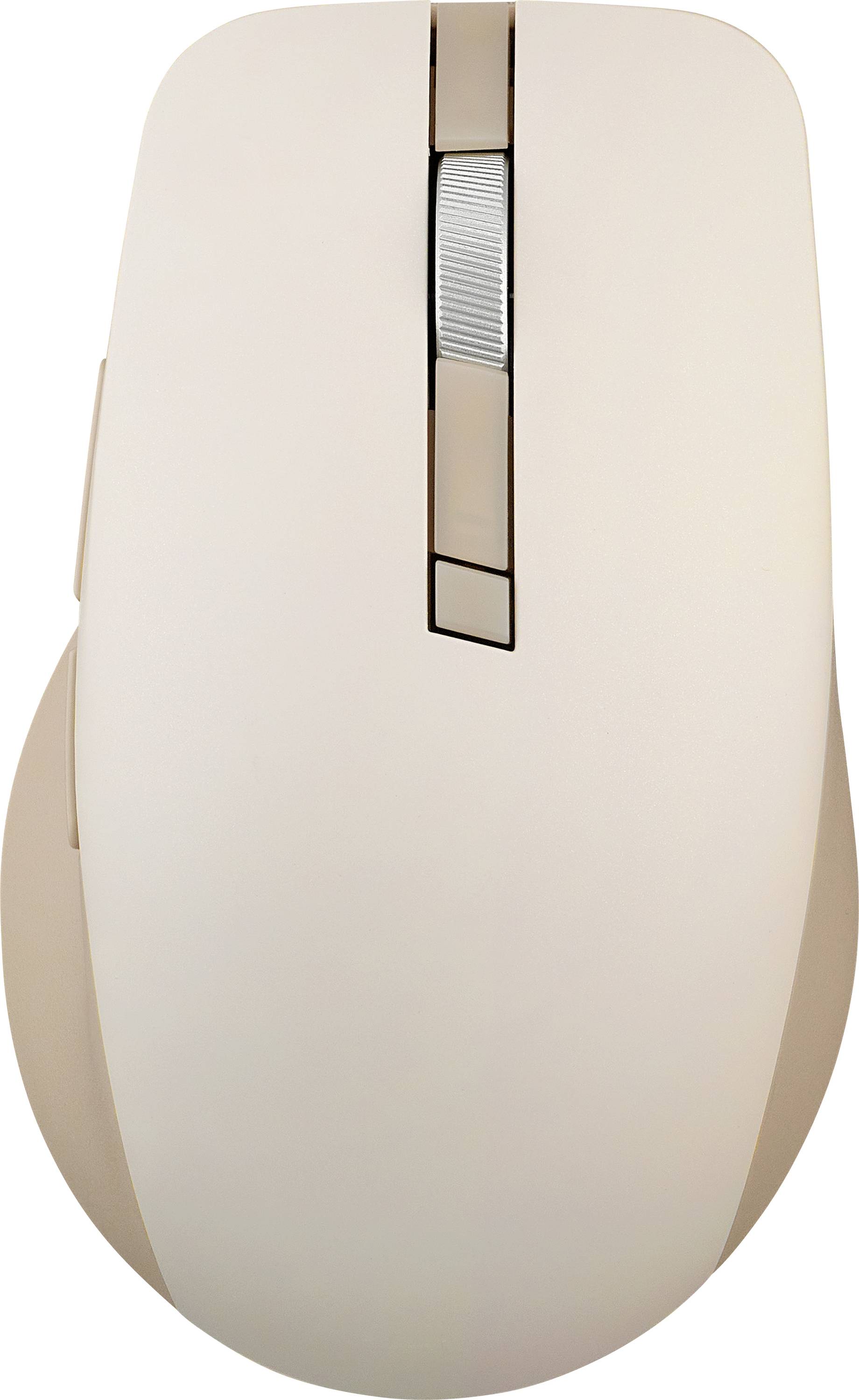 Une souris d'ordinateur sans fil beige avec une molette de défilement est posée sur une surface.