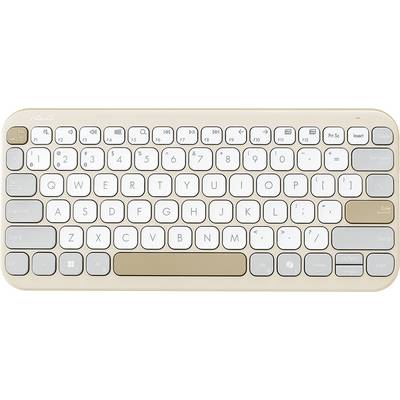 Un clavier sans fil compact avec un schéma de couleurs crème et blanc, présentant des touches circulaires et des touches de fonction le long de la rangée supérieure.