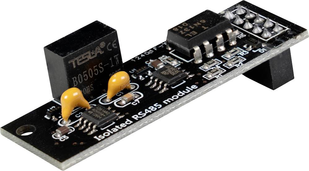 Un circuit imprimé de module RS485 isolé avec un PCB noir, des composants puces, des broches de terminal et des trous de montage sur un fond blanc.