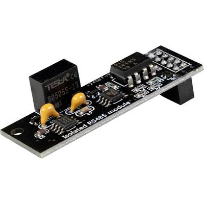 Un circuit imprimé de module RS485 isolé avec un PCB noir, des composants puces, des broches de terminal et des trous de montage sur un fond blanc.