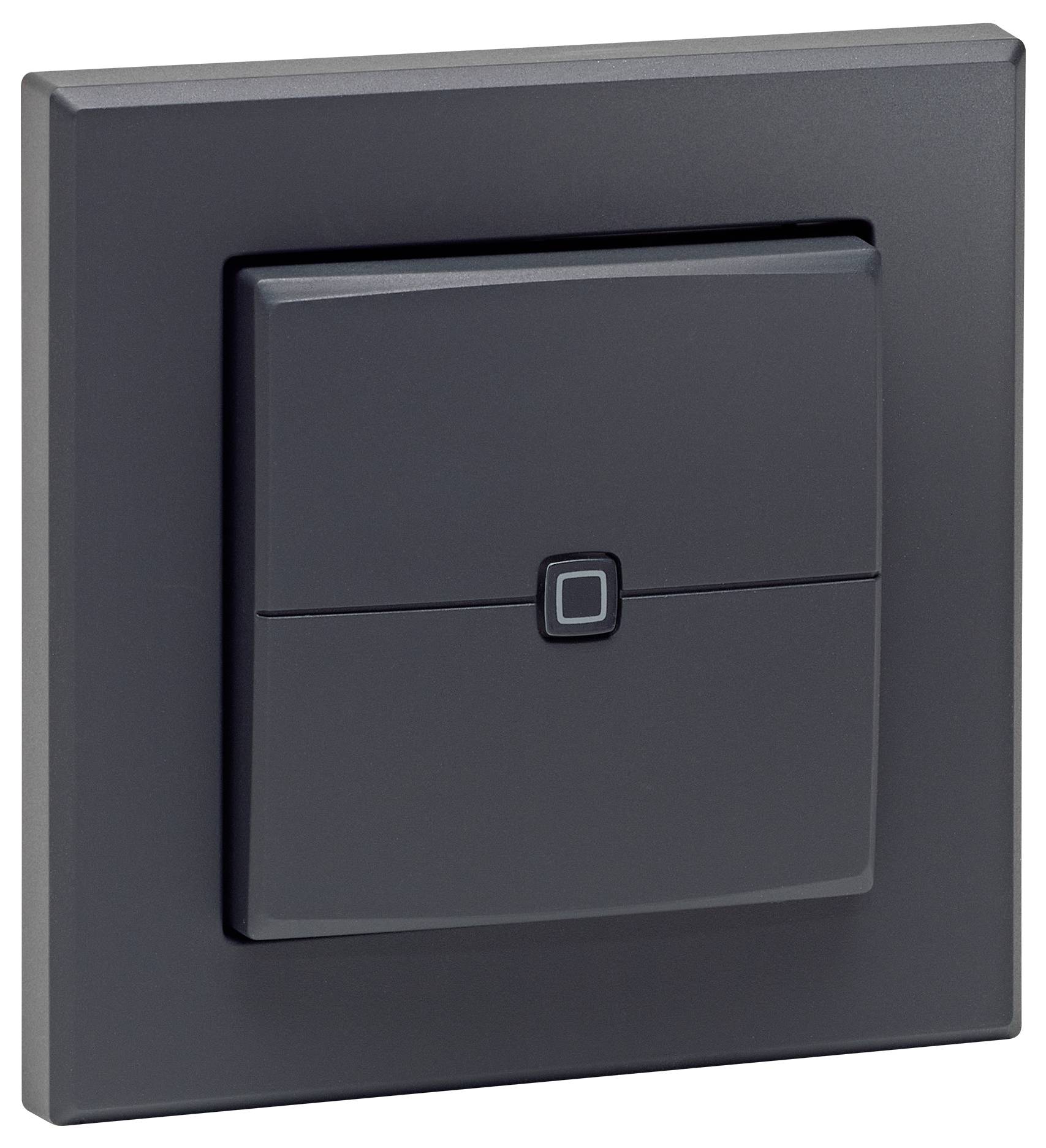 Un interrupteur lumineux moderne, carré, noir sur un mur, au design minimaliste avec un bouton central.