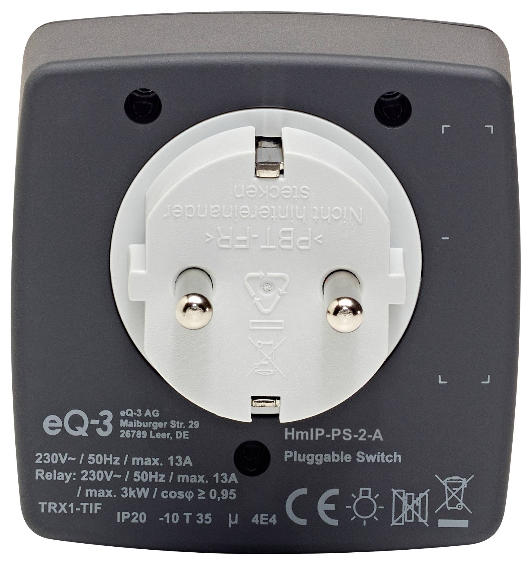 Interrupteur enfichable HmIP-PS-2-A, avec marque eQ-3 AG, supporte 230V/50Hz, max 13A. Comprend des informations techniques et des marques de certification.