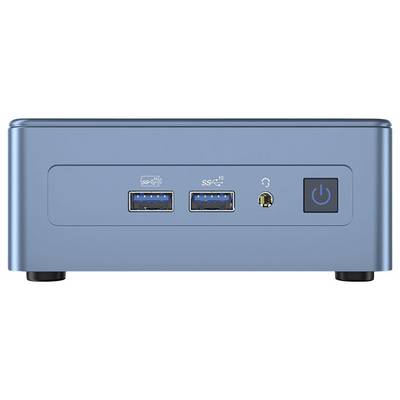 « Un boîtier de disque dur externe compact, bleu, doté de deux ports USB 3.0, d'une prise audio et d'un bouton d'alimentation sur le panneau avant. »