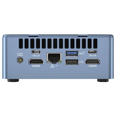 L'image montre le panneau arrière d'un ordinateur avec différents ports, dont deux ports HDMI, Ethernet, USB-A, USB-C et l'entrée d'alimentation.